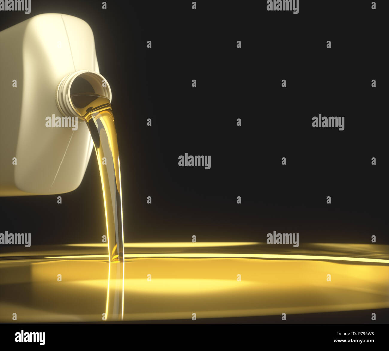 3D illustration. Pouring engine oil on flat surface with black background. Your text on the black background. Stock Photo