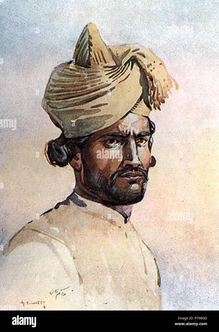 English: Watercolour of an Awan sepoy, painted by Major A.C. Lovett, circa the early 20th century. The painting is included in the book, The Armies of India (published in 1911). 1911 11 Awan Sepoy (82nd Punjabis) Stock Photo