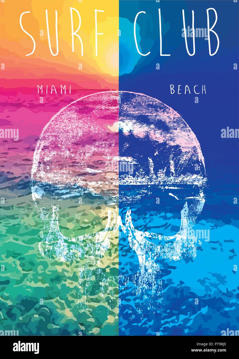 Vector illustration on the theme of surf and surf club miami Grunge