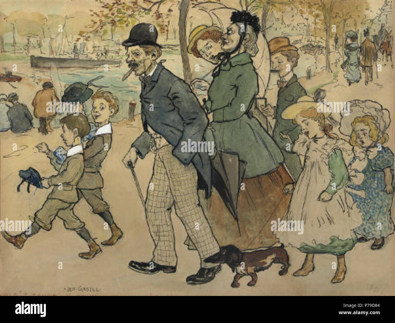 English: Als 't zondag is en heel mooi weer! Enz!. Signed 'Leo Gestel', and  inscribed with title. Watercolour, gouache and ink on paper, 24.5 x 32.5 cm  . circa 1906 38 Leo, image size:1300x1062