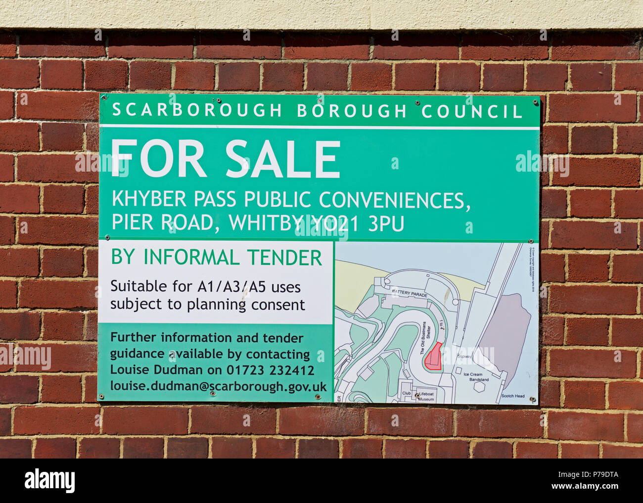 For Sale sign on the Khyber Pass toilets, Whitby, North Yorkshire