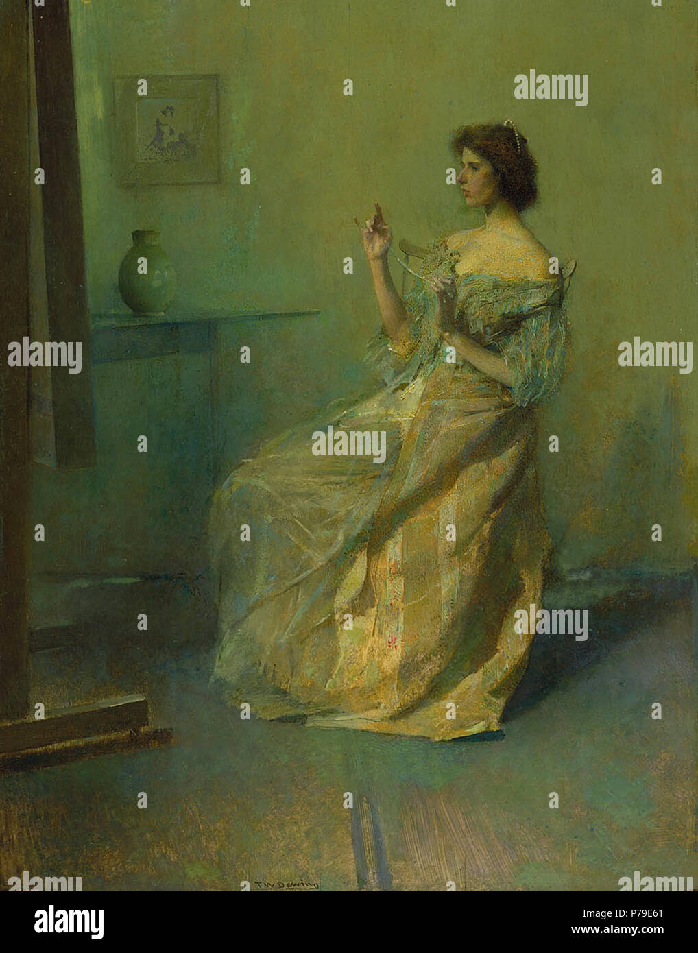 Thomas Dewing: The Necklace oil on wood 20 x 15 3/4 in. (50.7 x 39.9 cm) Smithsonian American Art Museum Gift of John Gellatly 1929.6.40 Smithsonian American Art Museum, 2nd Floor, East Wing . circa 1907 53 Thomas Wilmer Dewing - The Necklace - ca. 1907 Stock Photo