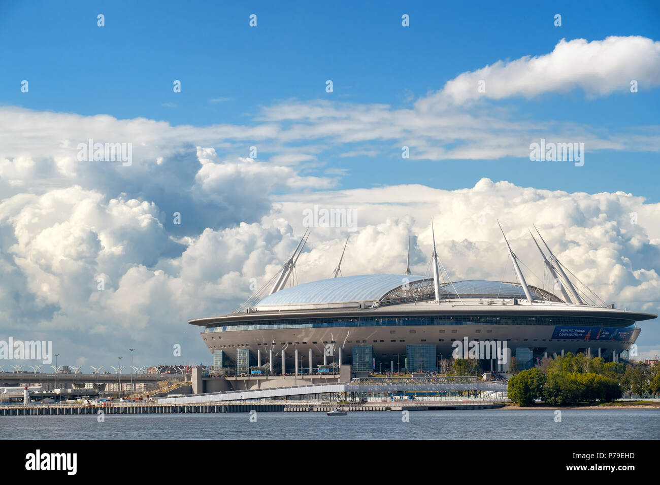 SAINT PETERSBURG. RUSSIA - JULY 03 2018. Krestovsky Stadium, officially Saint-Petersburg Stadium 2018 FIFA World Cup against cloudy sky Stock Photo
