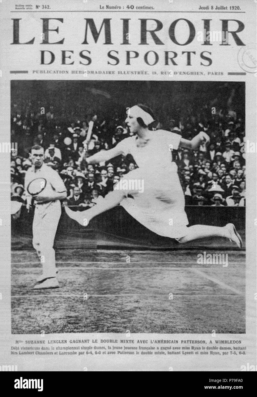 Simple English: Front cover of Le Miroir des sports, first issue [n° 342],  July 8th, 1920, with Suzanne Lenglen and Gerald Patterson after their title  in the mixed doubles tournament of the