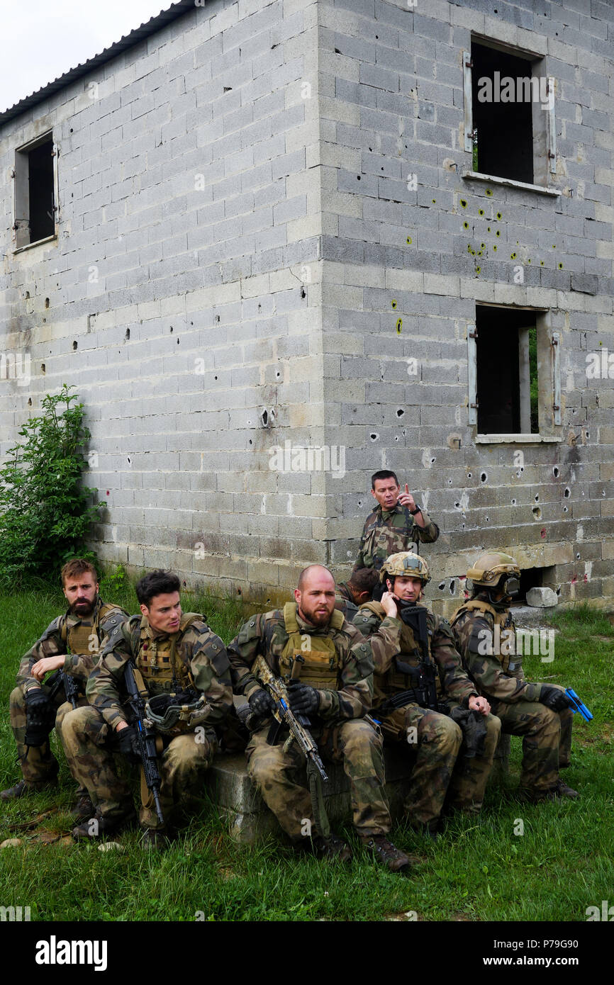 Members from miliatry ski Team attend commando training at Chambaran military camp, Isere, france Stock Photo