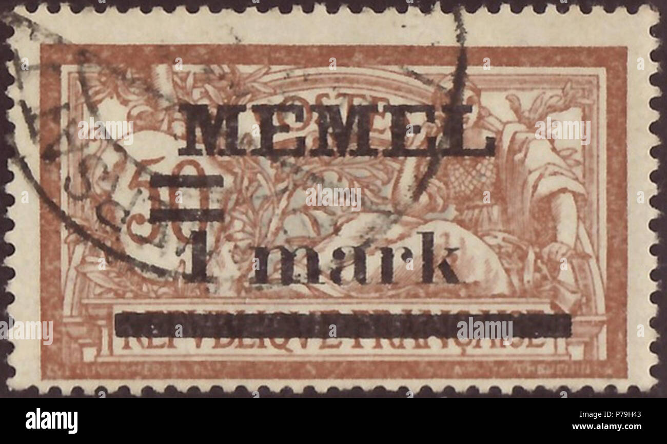 Stamp of Memelland 1920; definitive stamp of the issue subjects (Type Merson)' with five-lines, black overprint 'MEMEL / fest fess / 1 mark / fess'; 'MEMEL' and '