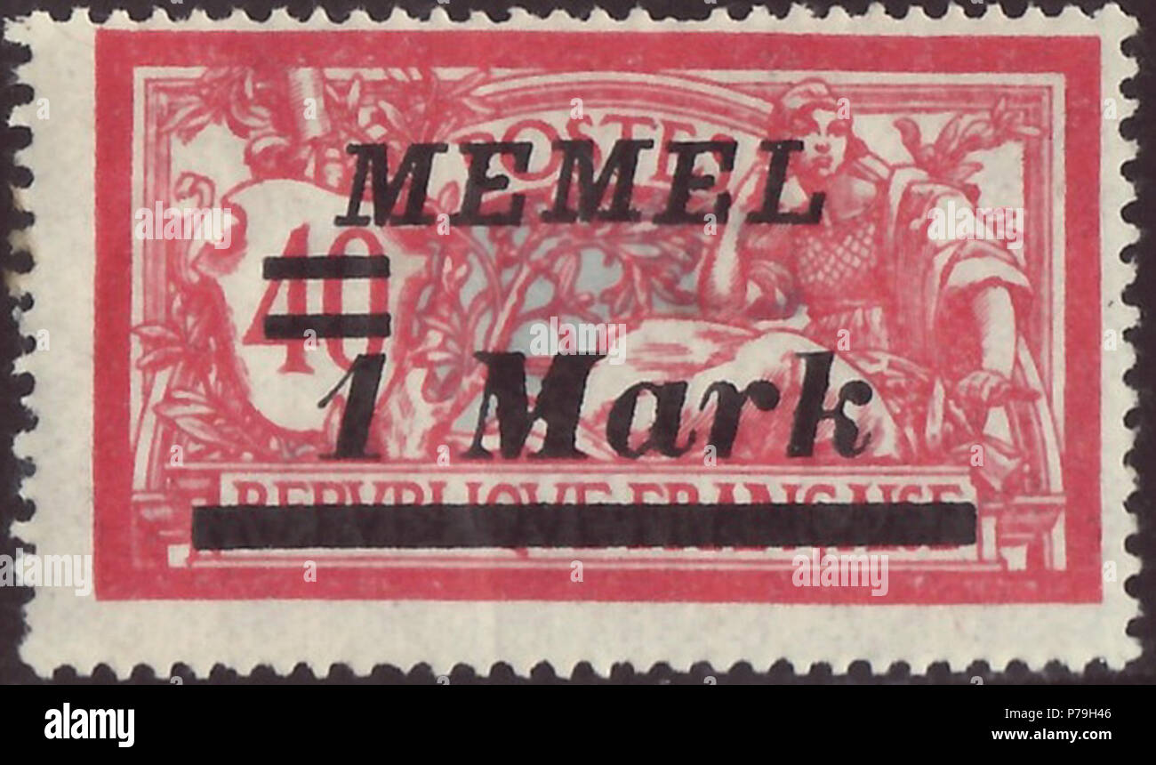 Stamp of Memelland 1922; definitive stamp of France of the issue 'Allegorical subjects (Type Merson)' with five-lines, black overprint 'MEMEL / fest fess / 1 Mark / fess'; 'MEMEL' and '