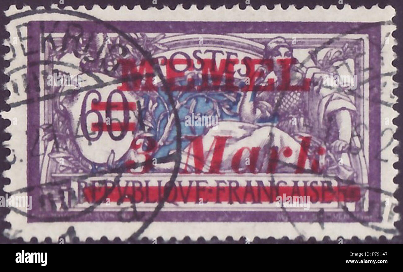 Stamp of Memelland 1921; definitive stamp of France of the issue  'Allegorical subjects (Type Merson)' with five-lines, red overprint 'MEMEL  / fest / fess / 3 Mark / fess'; 'MEMEL' in normal