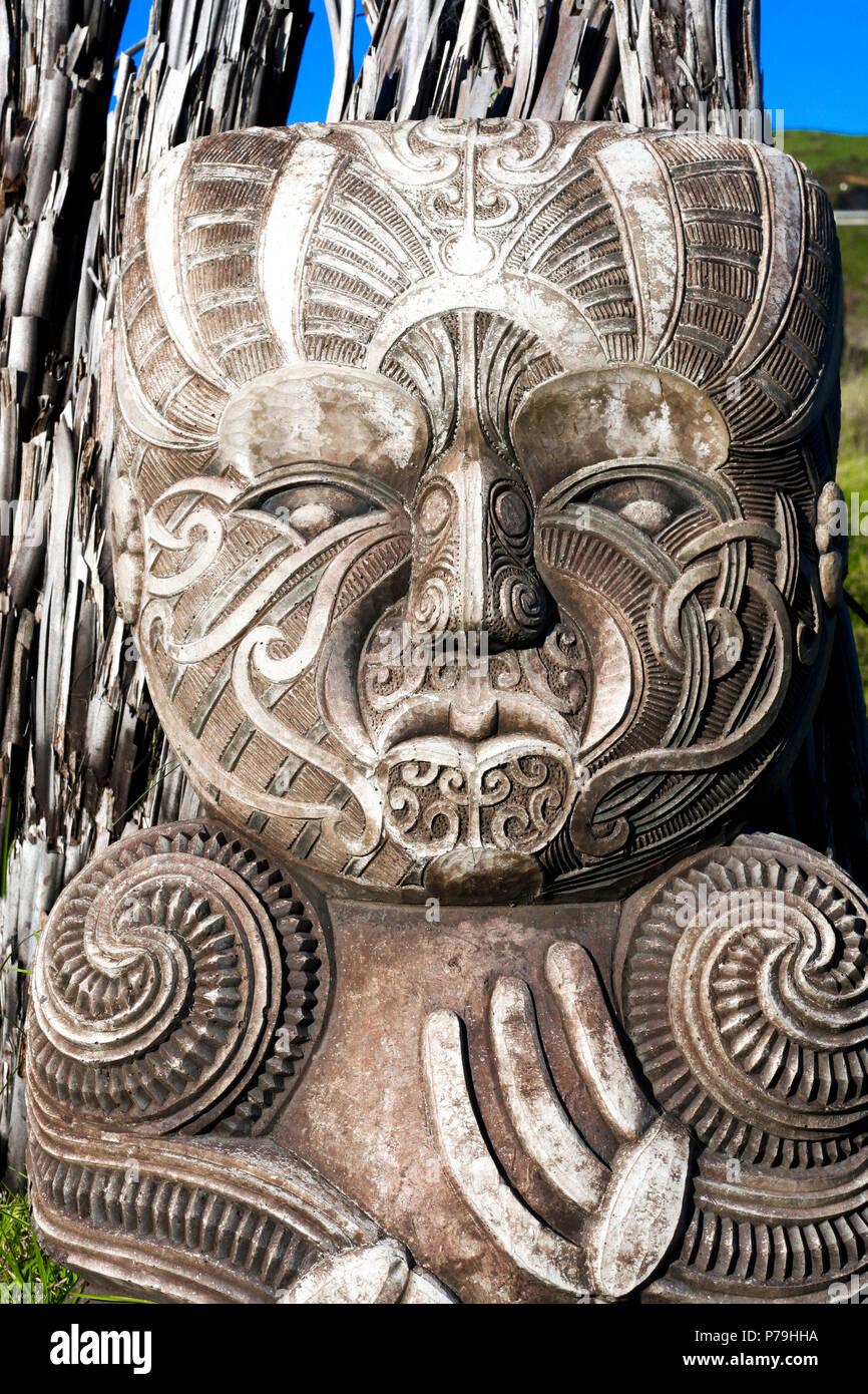 Maori carving at Onuku Marae in Banks Peninsula, New Zealand Stock Photo