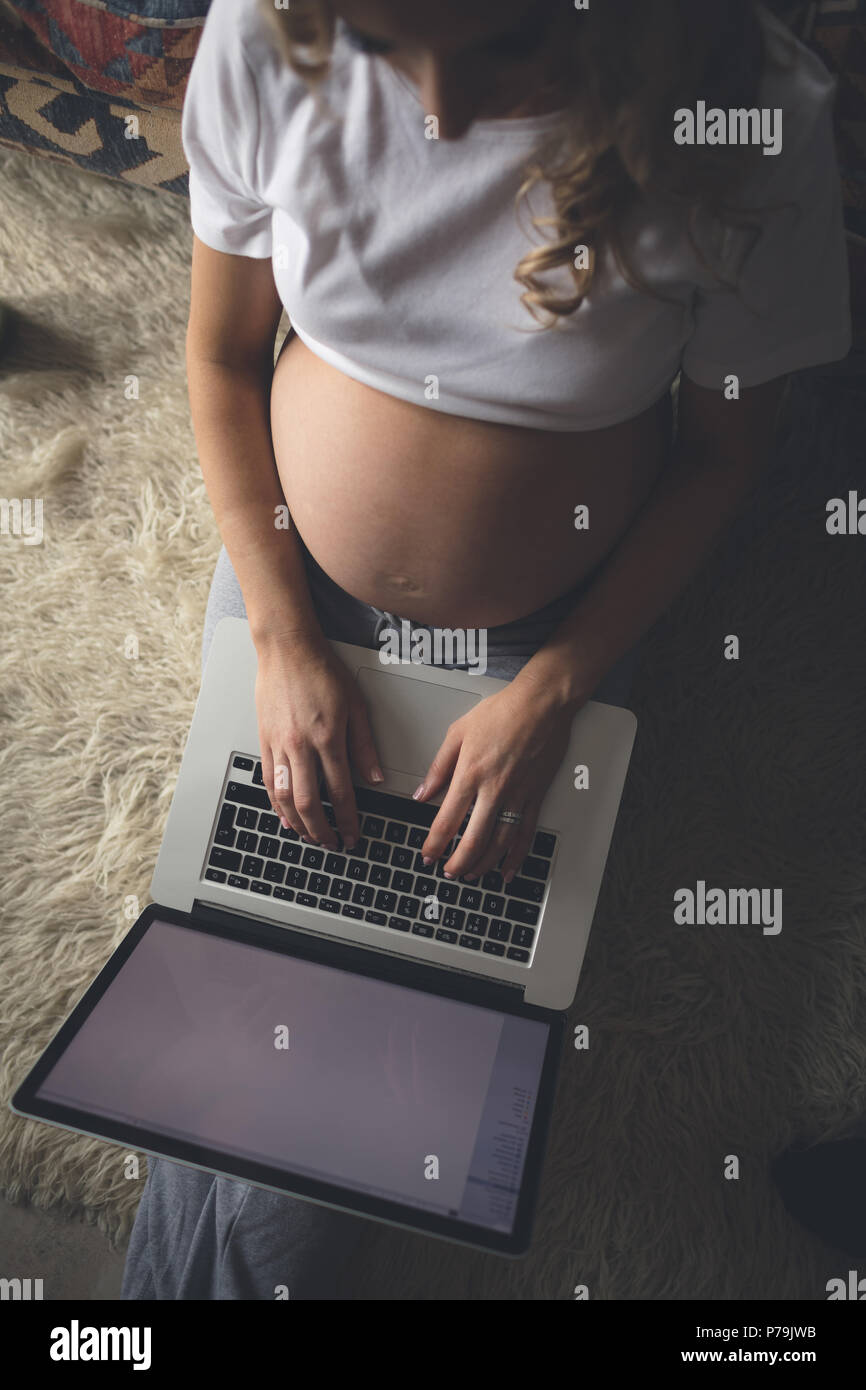 Pregnant woman using laptop in living room Stock Photo