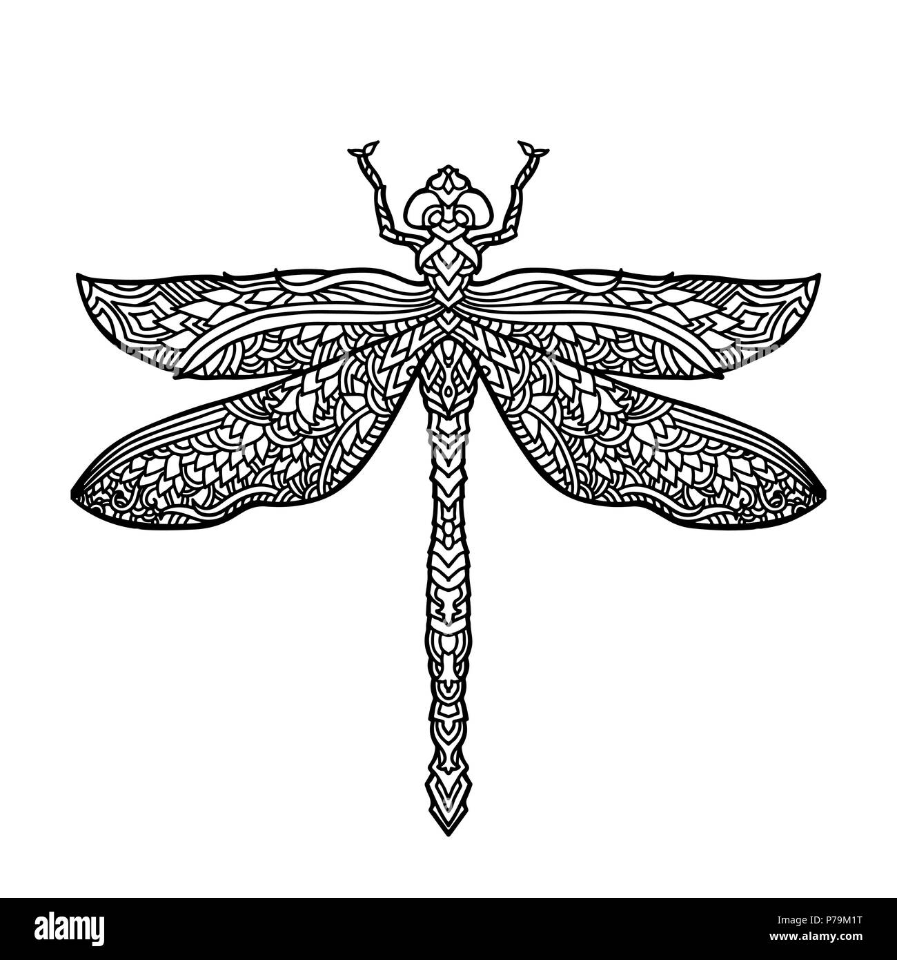 Bllack and white dragonfly in mandala style. Stylized insect. Boho vector illustration. Ethnic pattern. Stock Vector