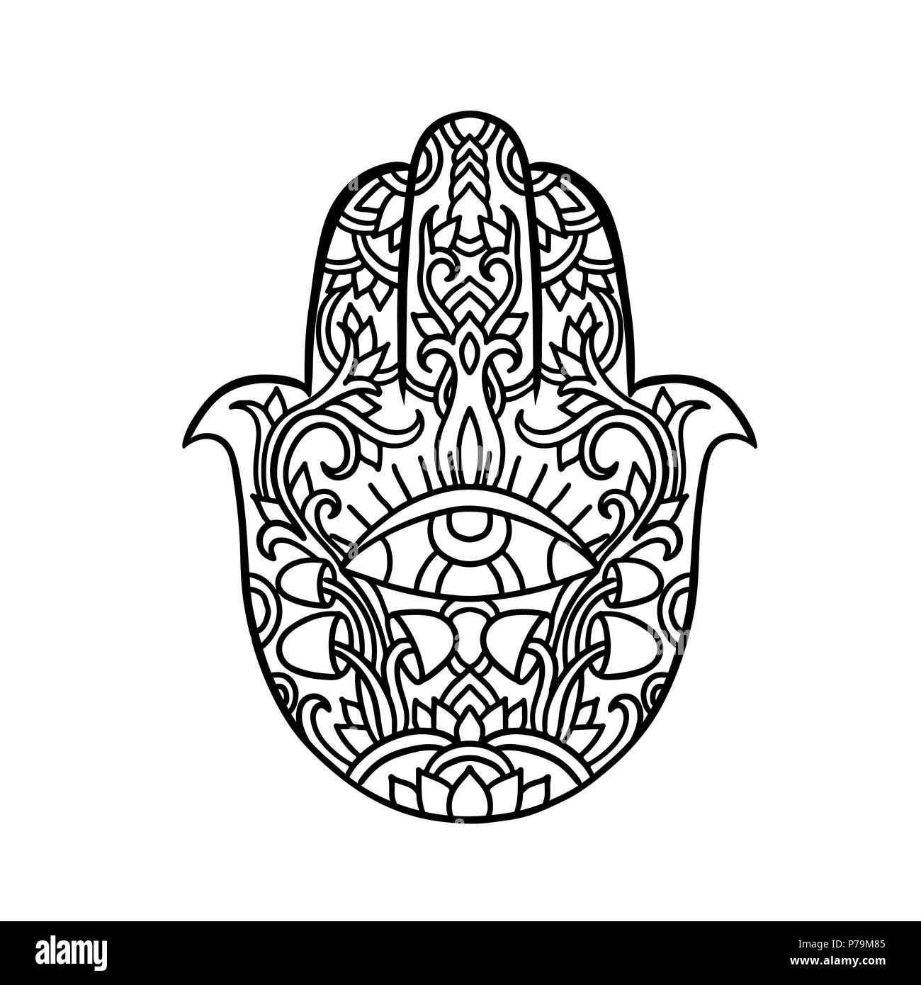 Hamsa symbol. Fatima hand pattern. Indian mandala ornament. Asian authentic vector illustration. Third eye. Stock Vector