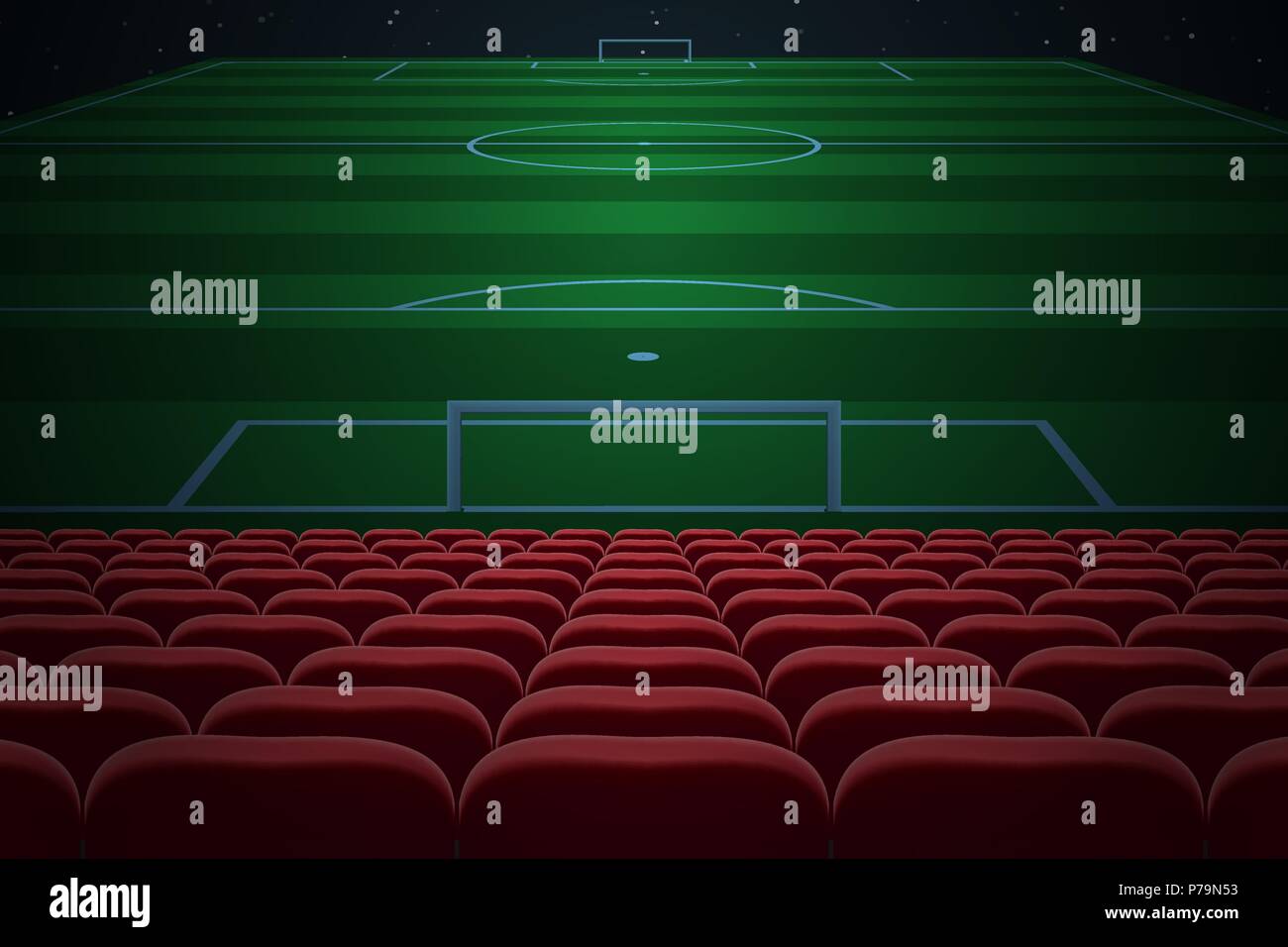 Rows of red seats on football stadium. Soccer background Stock Vector