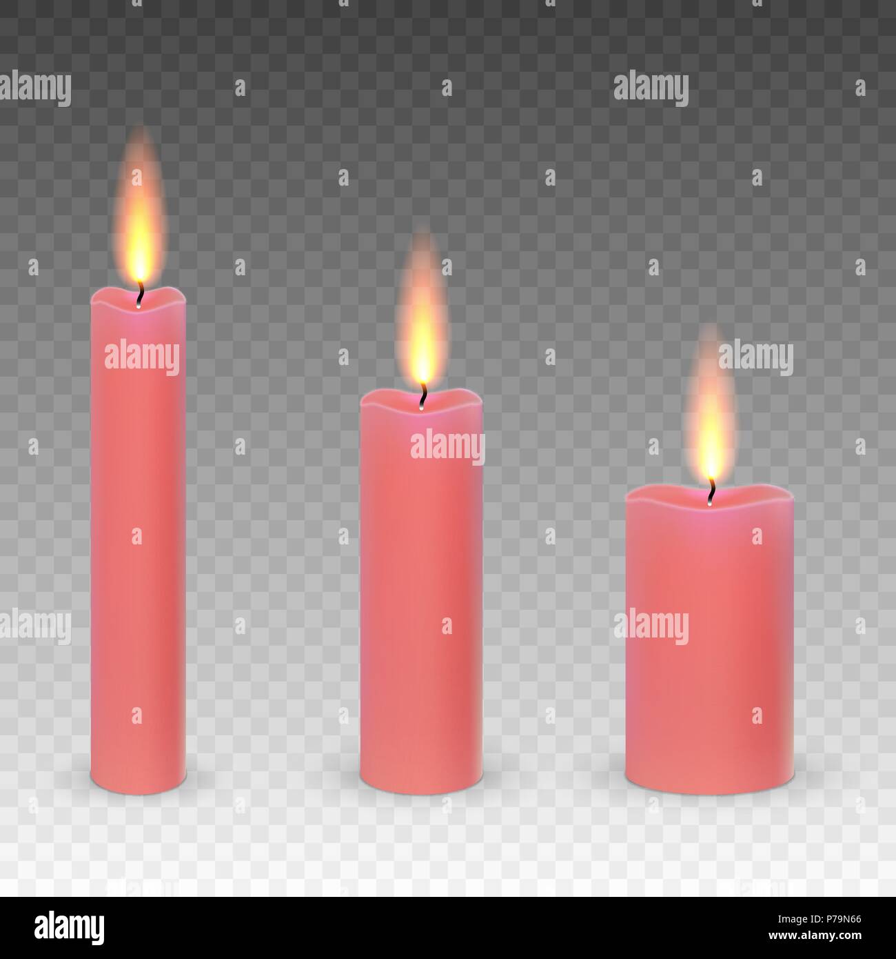 set of realistic paraffin burning candles isolated on a transparent