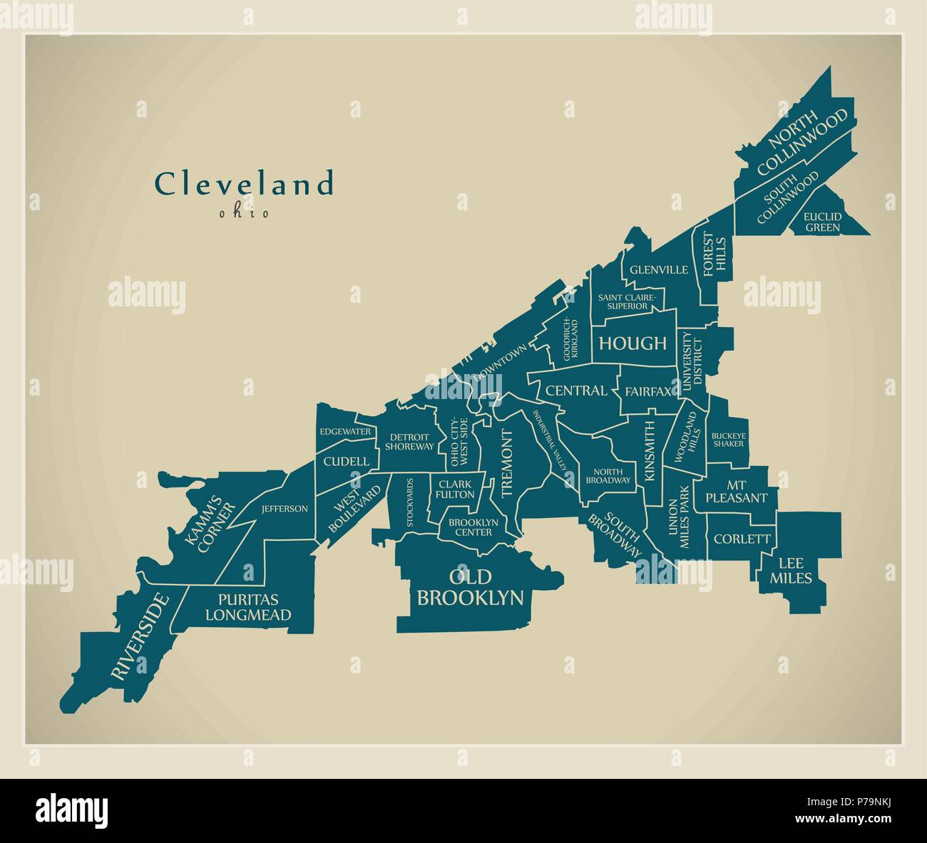 Modern City Map Cleveland Ohio city of the USA with neighborhoods and titles Stock Vector