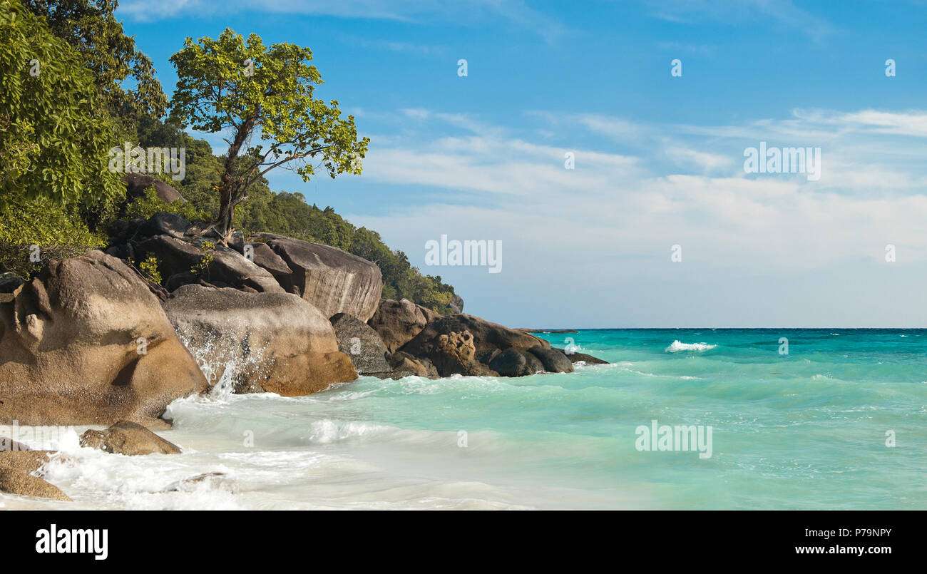 horizontal photo  beauty rock-beach Indian Ocean in Thailand Stock Photo