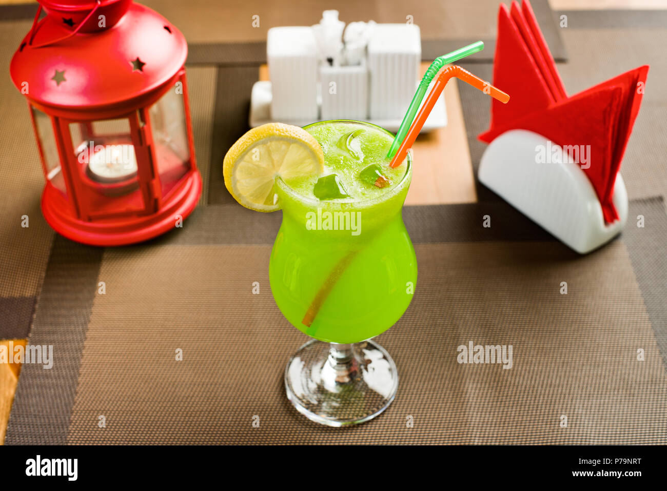 lemon freshener soft drinks with ice, on table in restaurant Stock Photo
