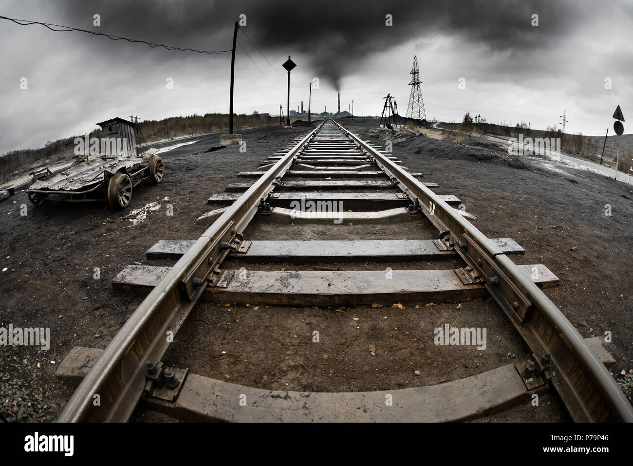 landscape with railway,  pollution of the environment emission of  industrial plant, Karabash city;  Russia Stock Photo