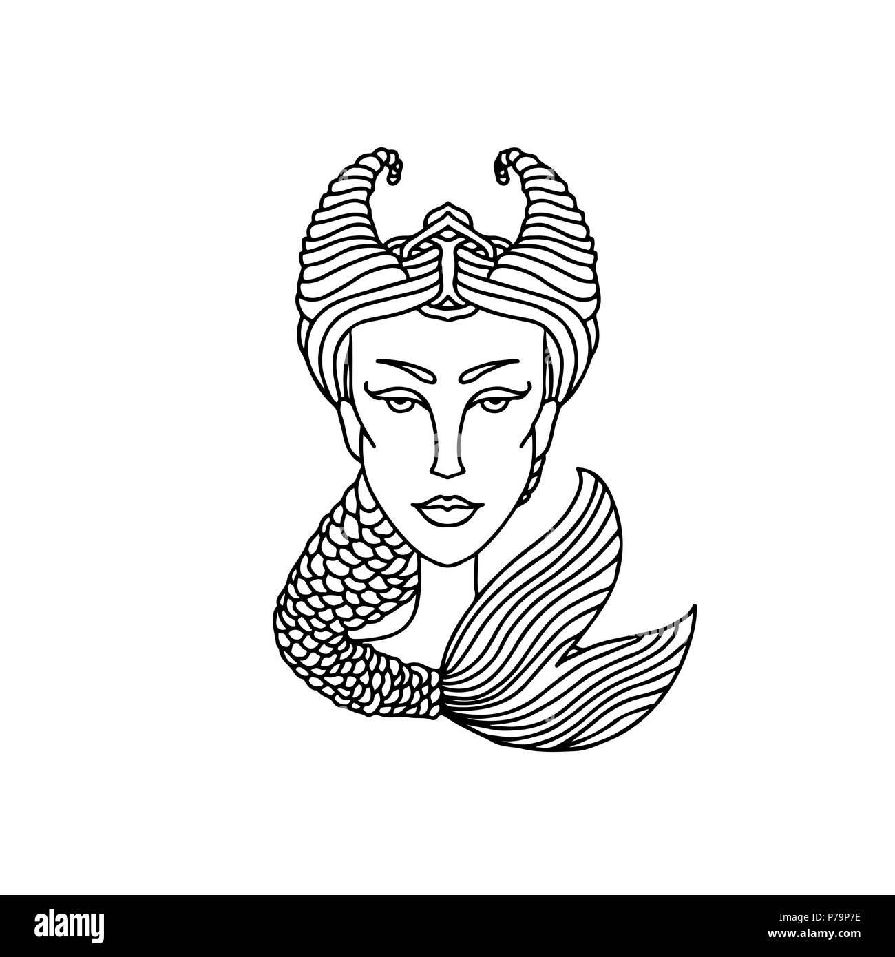 Capricorn girl portrait. Zodiac sign for adult coloring book. Simple black and white vector illustration. Stock Vector