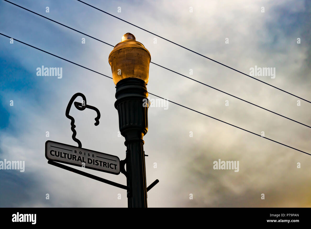 Street lighting and signage in Boise's Cultural District on a summer