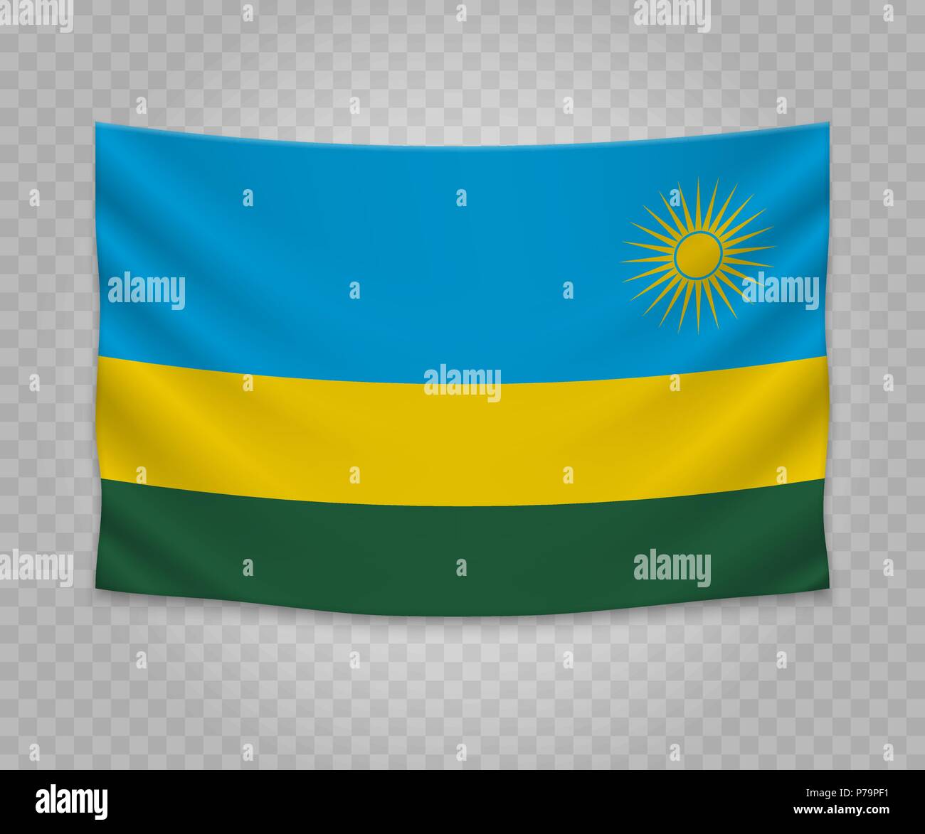 Realistic hanging flag of Rwanda. Empty  fabric banner illustration design. Stock Vector