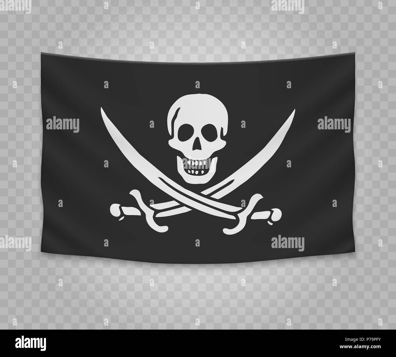 Realistic hanging flag of pirate. Empty  fabric banner illustration design. Jolly Roger Stock Vector