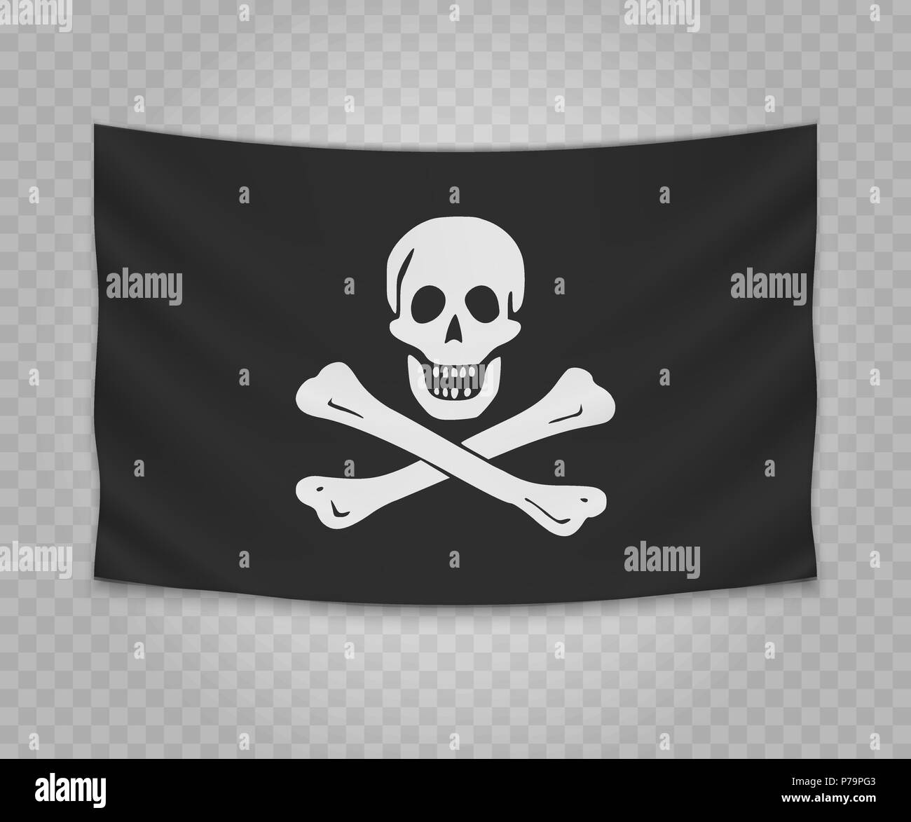 Realistic hanging flag of pirate. Empty  fabric banner illustration design. Jolly Roger Stock Vector
