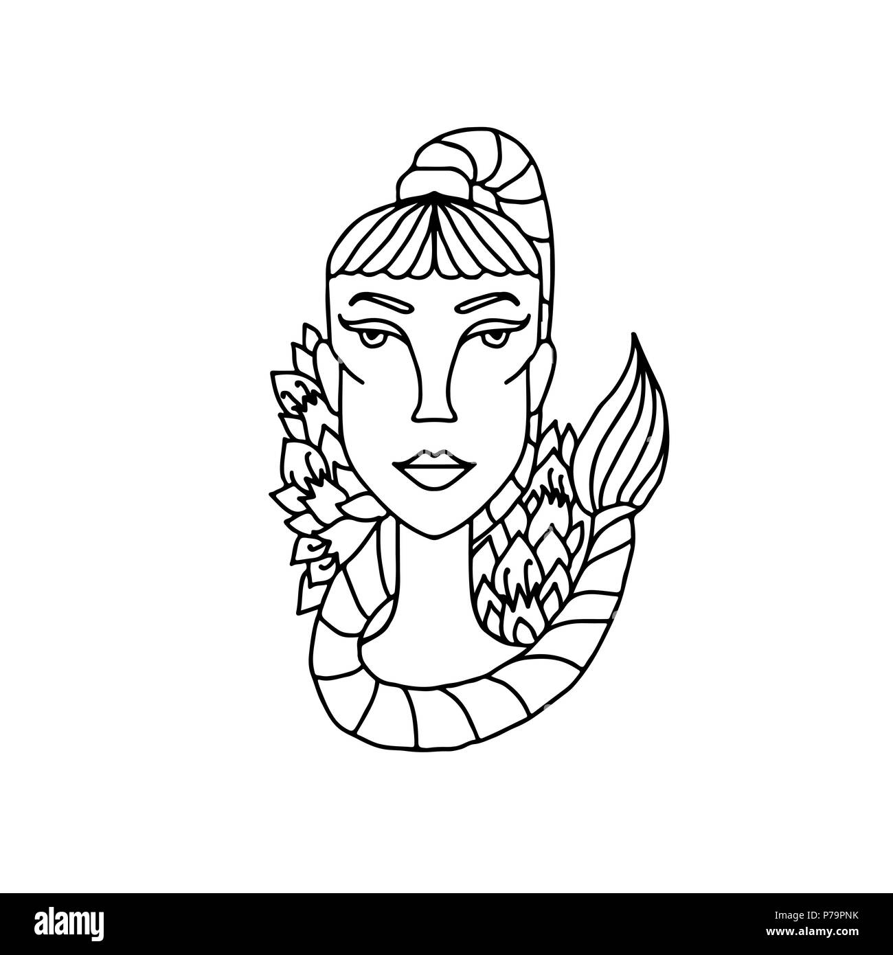Scorpio girl portrait. Zodiac sign for adult coloring book. Simple black and white vector illustration. Stock Vector