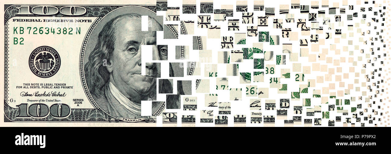 shredded  currency note  US dollars, close up, on white background, isolated Stock Photo