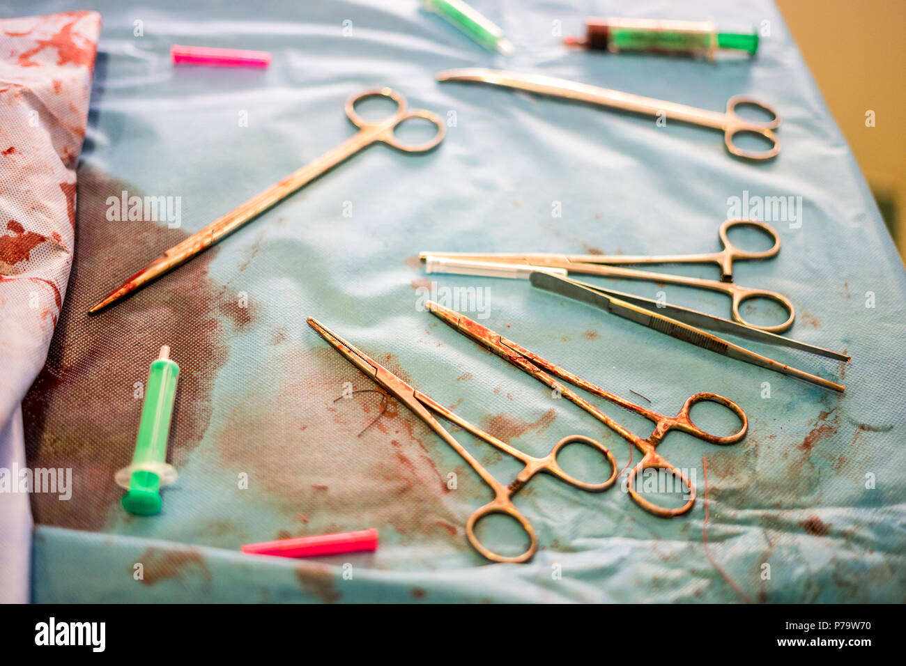 Silver gynecologist tools used during childbirth in the hospital Stock Photo