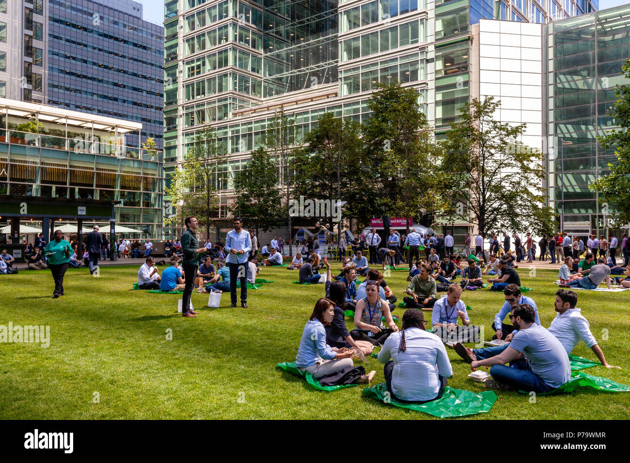 Office Workers Sitting On The Grass Eating Lunch, Canary Wharf, London
