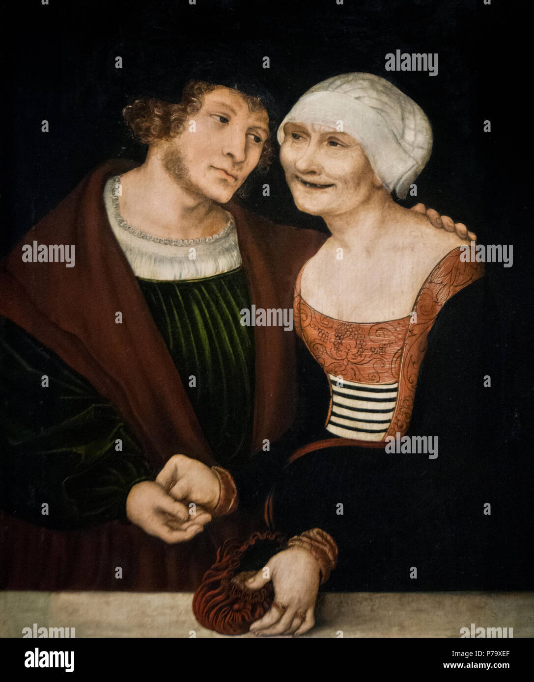 Lucas Cranach the Elder - Amorous Old Woman and Young Man (1480-90).jpg Stock Photo