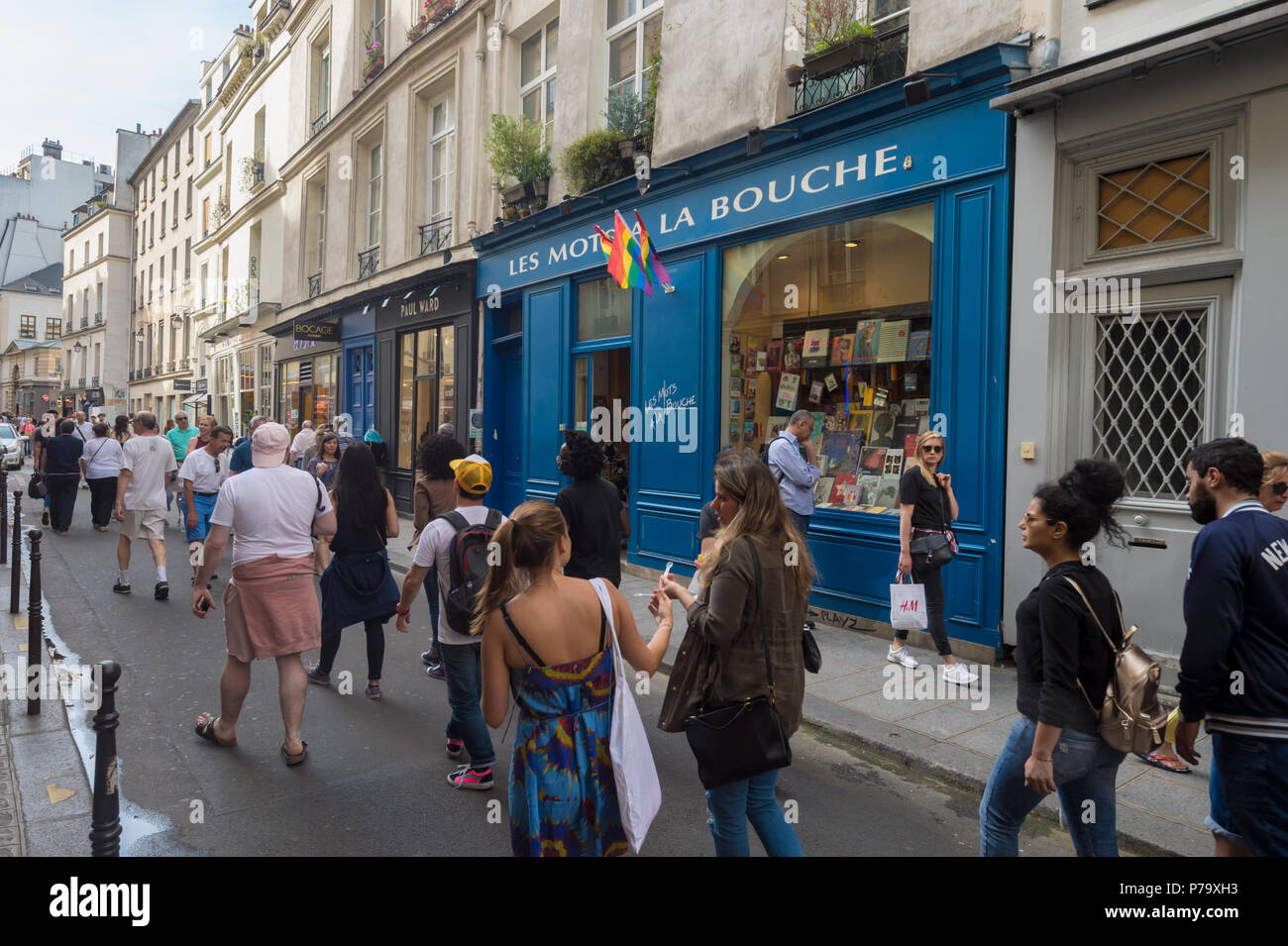 Paris, France - 24 June 2018: People walking in front of gay bookstore 'Les Mots à la Bouche' in Paris Gay Village Stock Photo