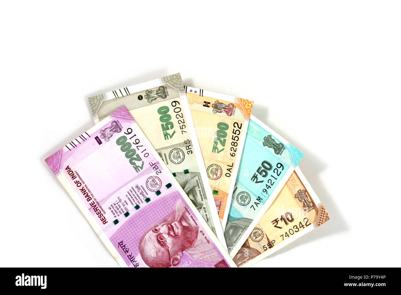 .New Indian currency of 2000,500,200,50 and 10 rupee notes Stock Photo