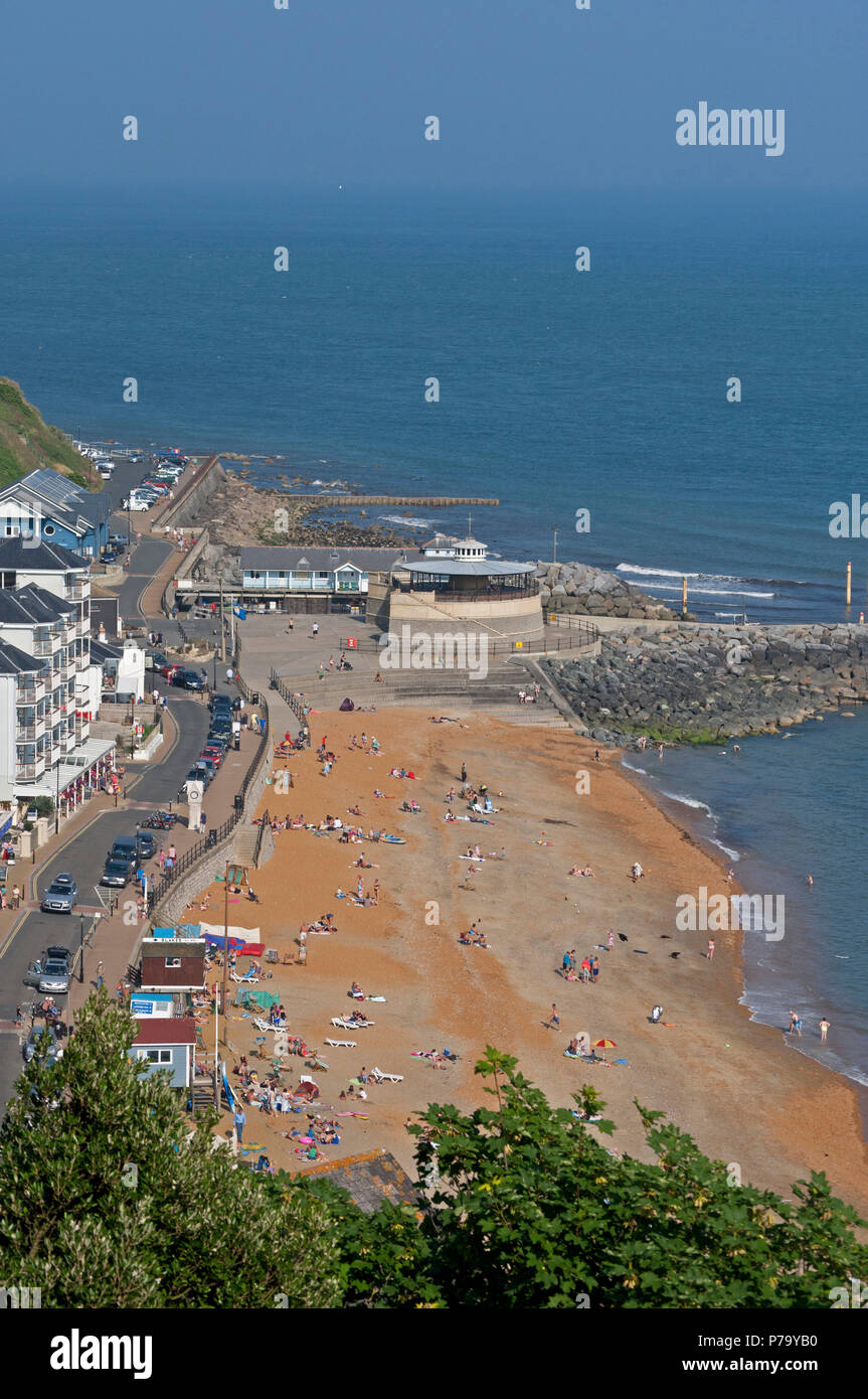 Ventnor beach, harbour, bandstand and Ventnor Bay in summer, viewed from cliff top, Ventnor, Isle of Wight, UK Stock Photo