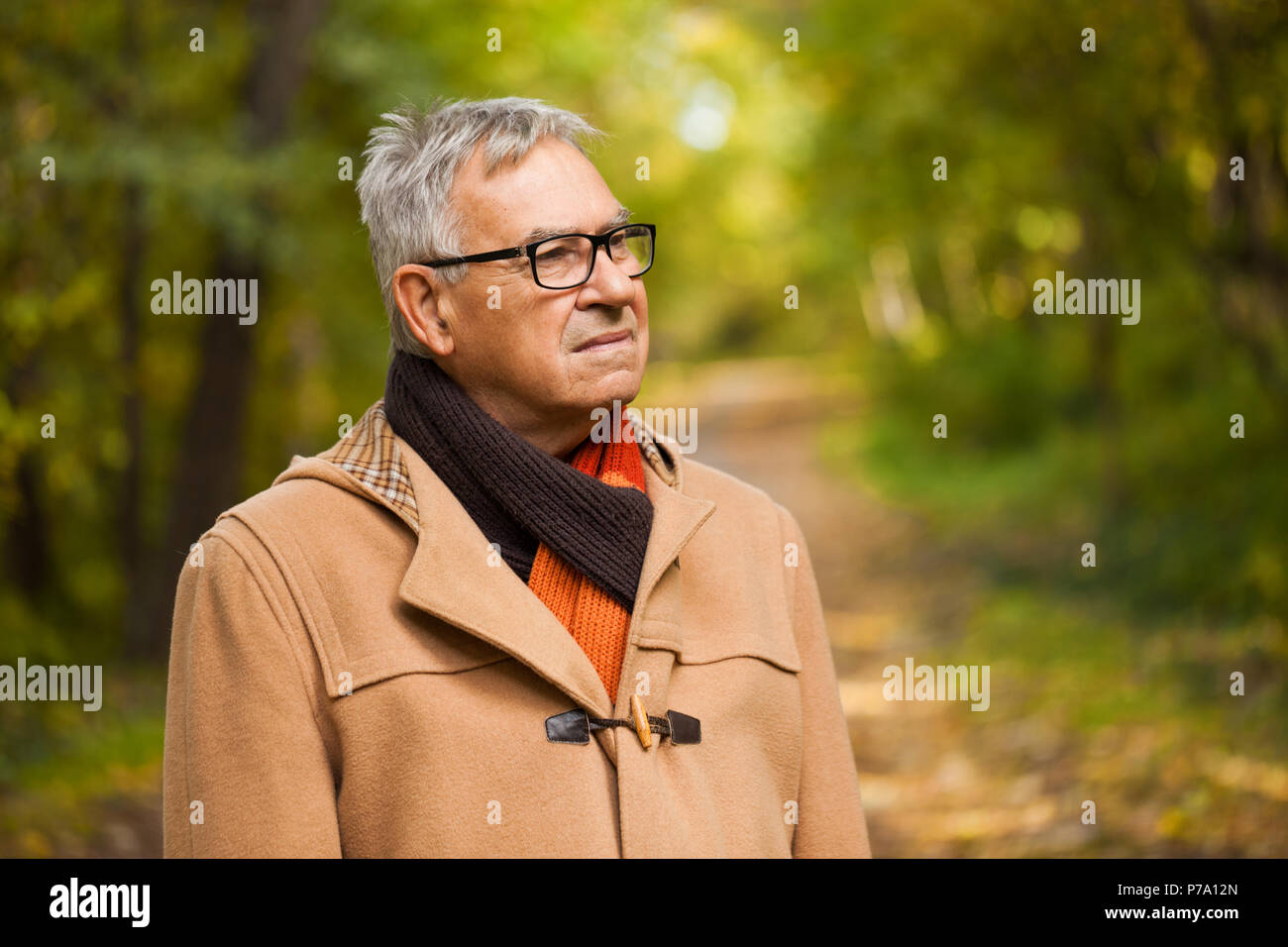 Portrait of worried senior man in park in autumn. Stock Photo