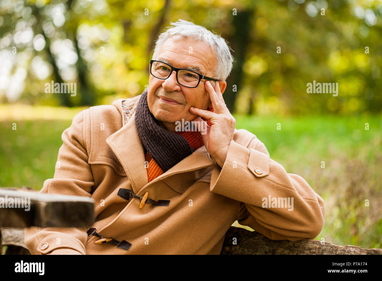 Worried and pensive senior man sitting in park. Stock Photo