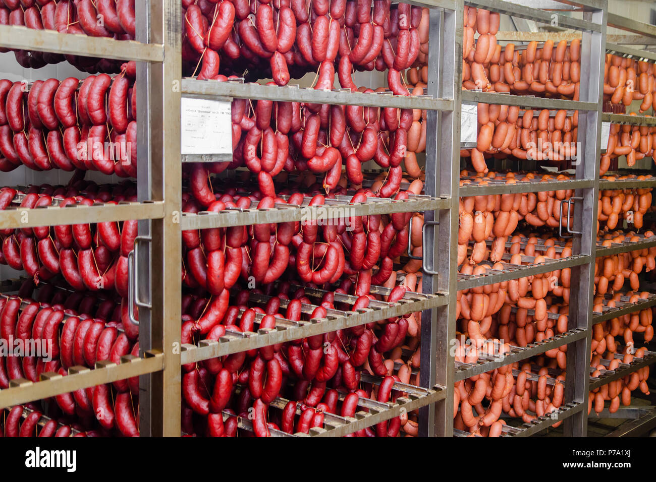 Sausage. Sausage production line. Sausage on the counter for the