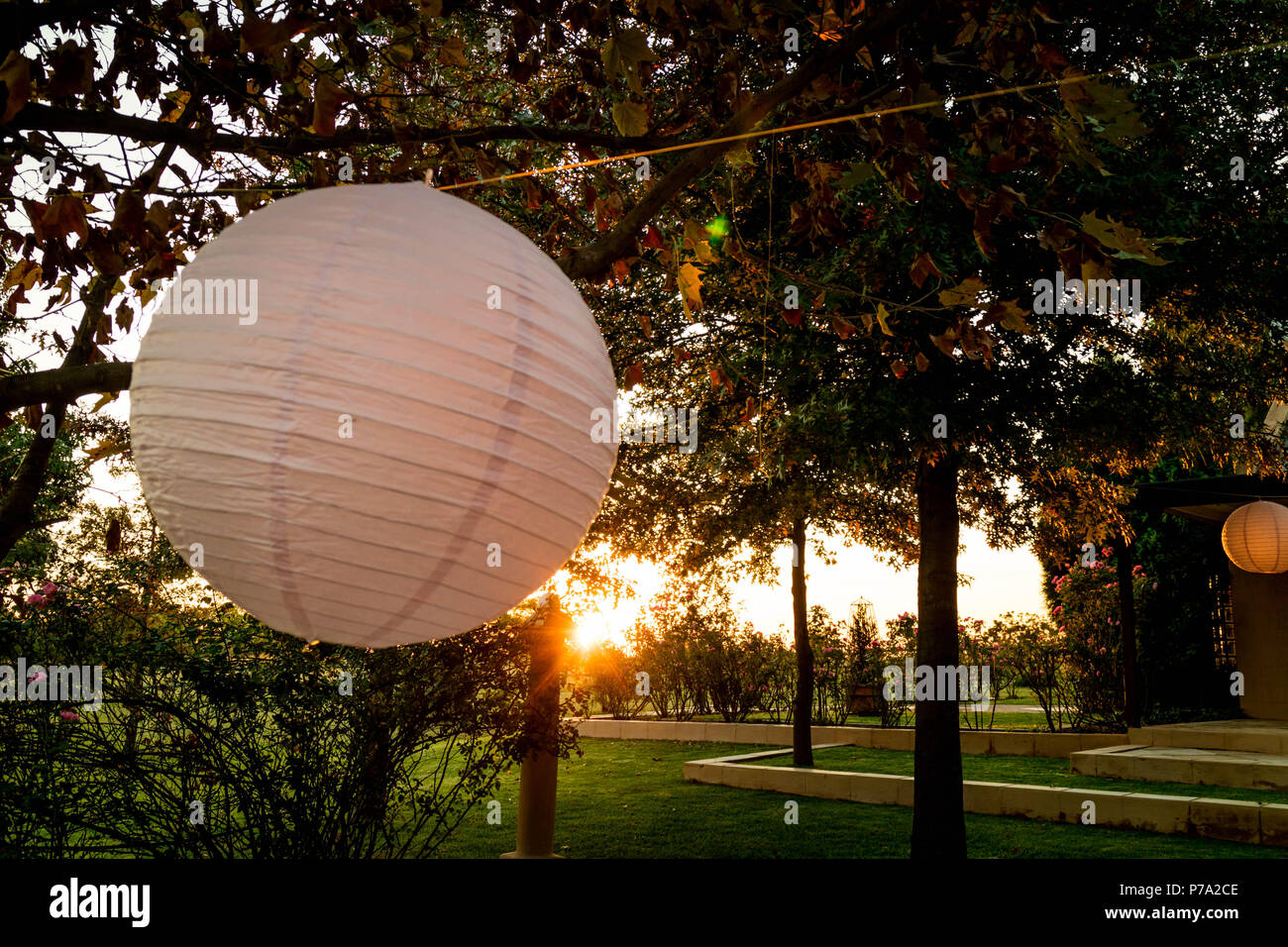 Chinese Lantern Decoration At A Wedding At Sunset Stock Photo