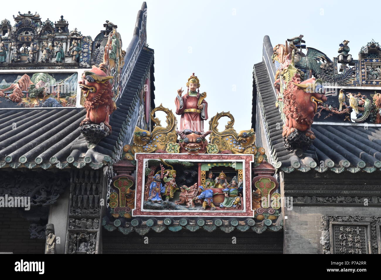 Buddhist temple roof decorations detail in downtown Guangzhou, China Stock Photo