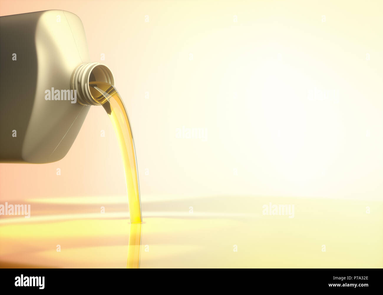 3D illustration. Pouring engine oil on flat surface with black background. Your text on the empty space. Stock Photo