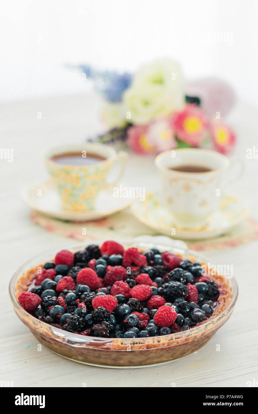 Triple Berry Pie Raspberries, blueberries, blackberries. Stock Photo