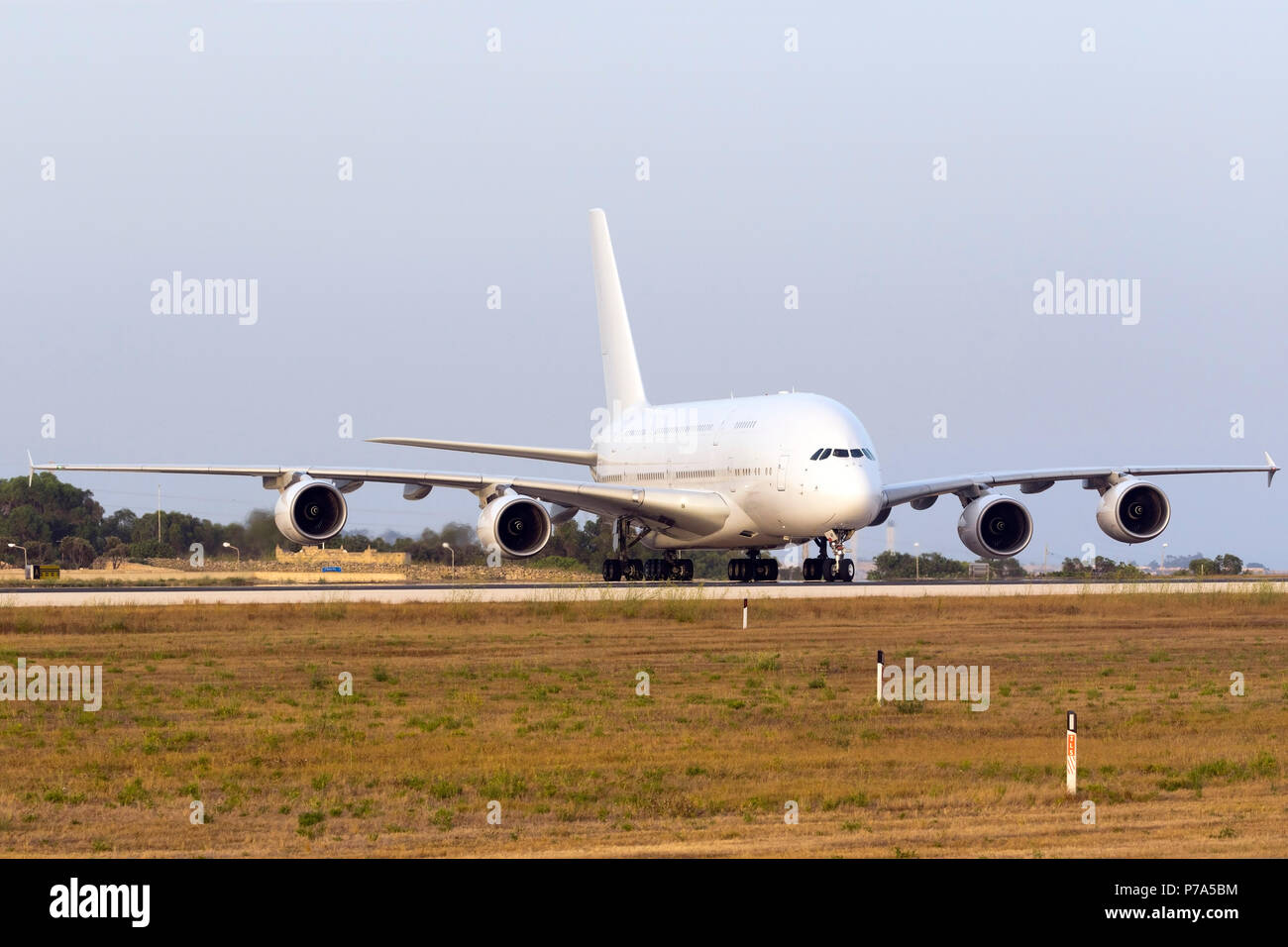 Hifly Malta Airbus A380-841 (9H-MIP) landing in Malta for painting into Hi Fly colors at Aviation Cosmetics Malta (ACM). Ex 9V-SKC with Singapore Airl Stock Photo