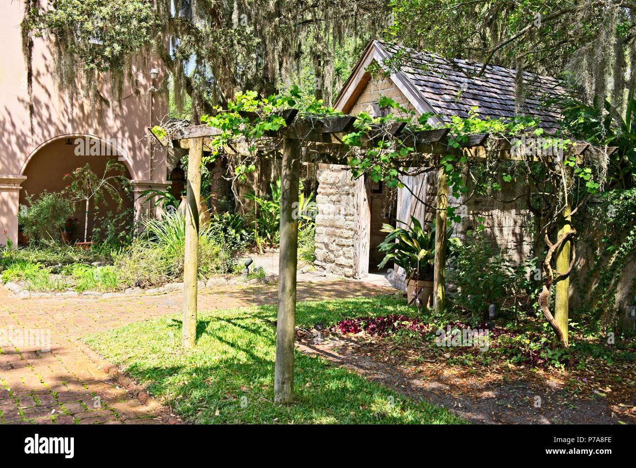 Outbuildings and a grape vine trellis located on the grounds of the Gonzalez Alvarez house in historic St. Augustine, Florida Stock Photo