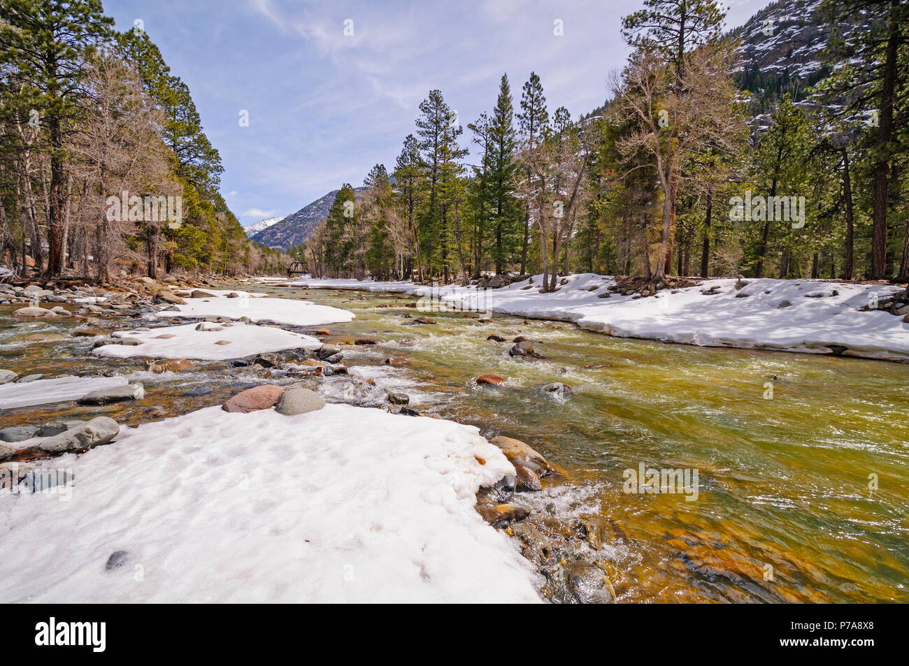 The Animas river in Colorado flowing fast with winder snowmelt Stock Photo