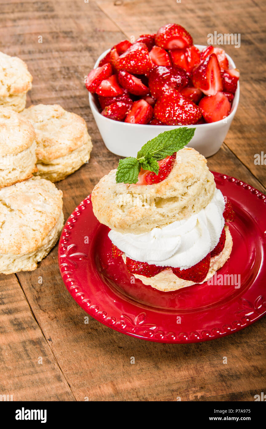 Strawberries and biscuits with whipped cream vertical Stock Photo