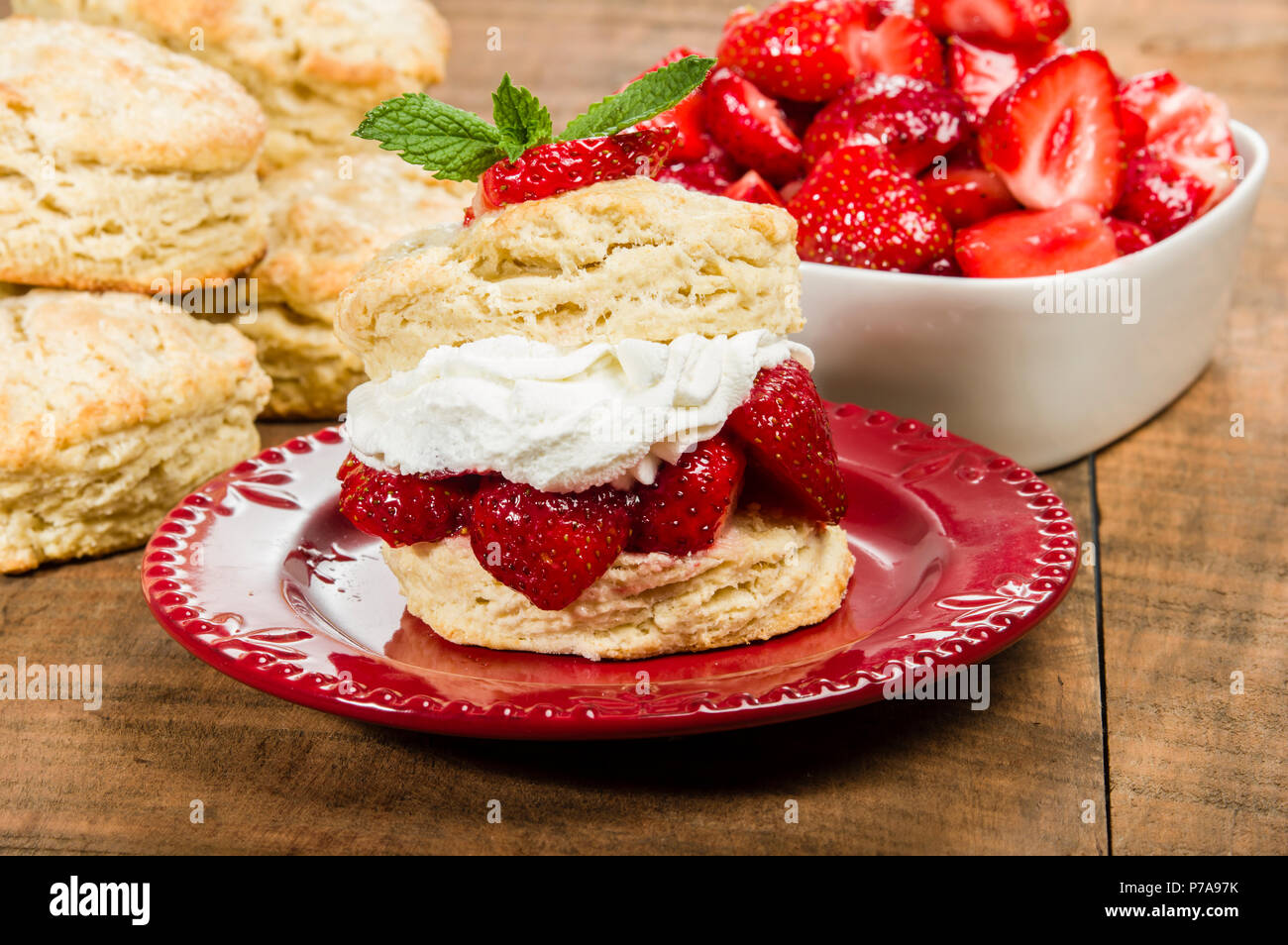 Fresh whipped cream on biscuits with fresh strawberries Stock Photo