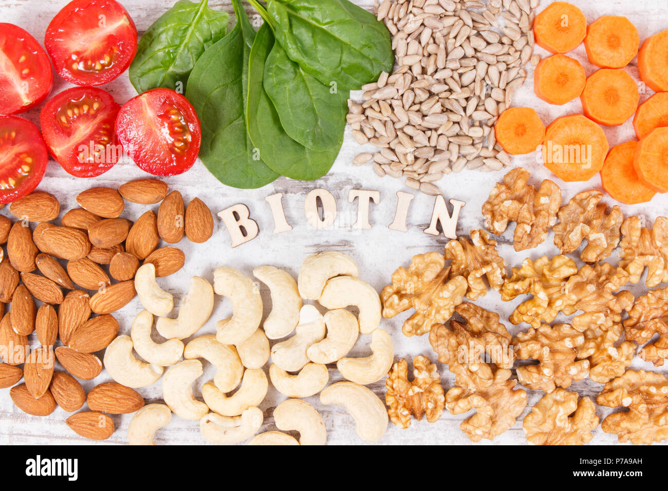 Inscription biotin with nutritious products containing vitamin B7 and dietary fiber, natural