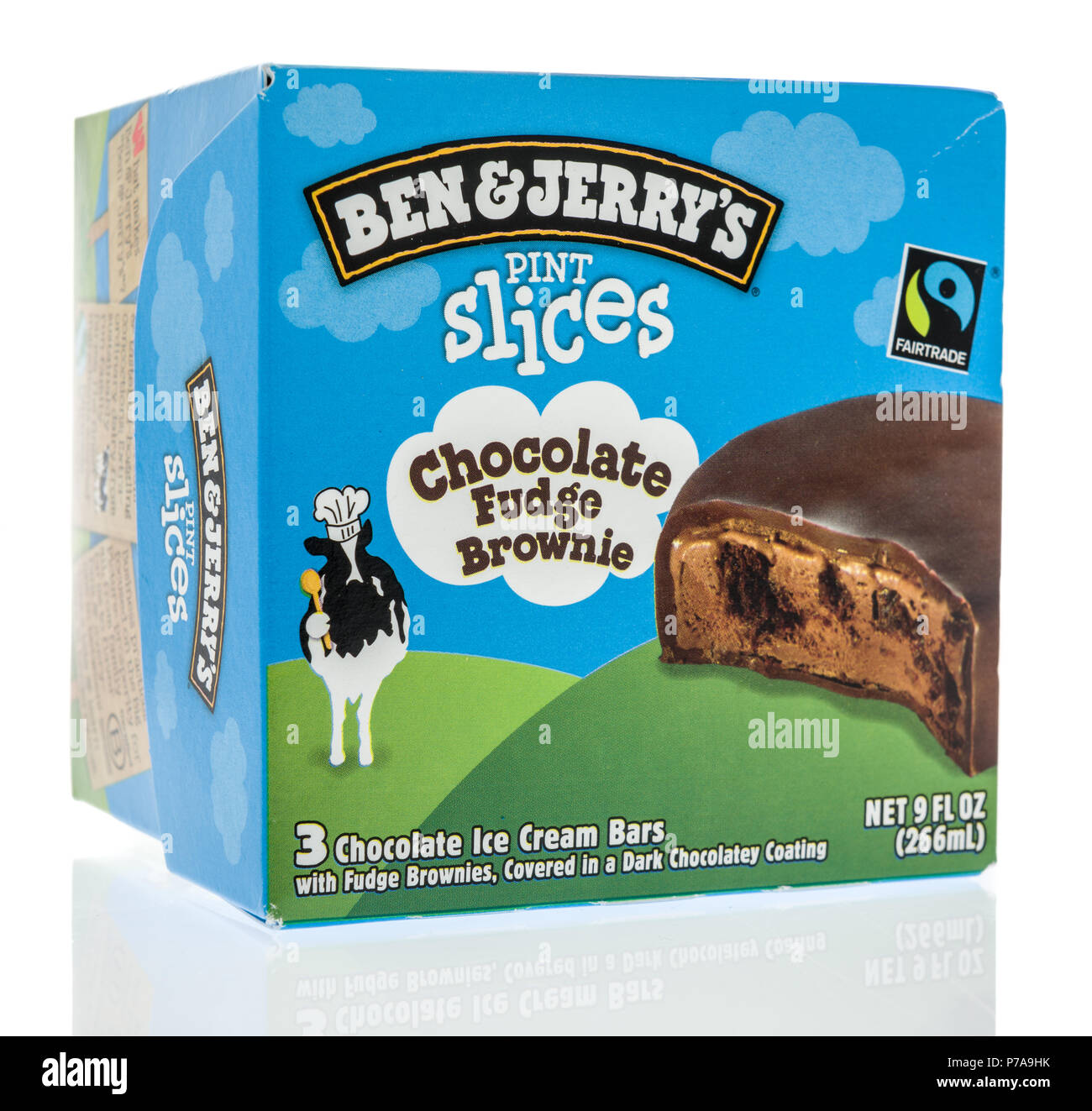 Winneconne, WI - 1 July 2018: A box of Ben and Jerry's pint slices ice cream bars in chocolate fudge brownie flavor on an isolated background. Stock Photo