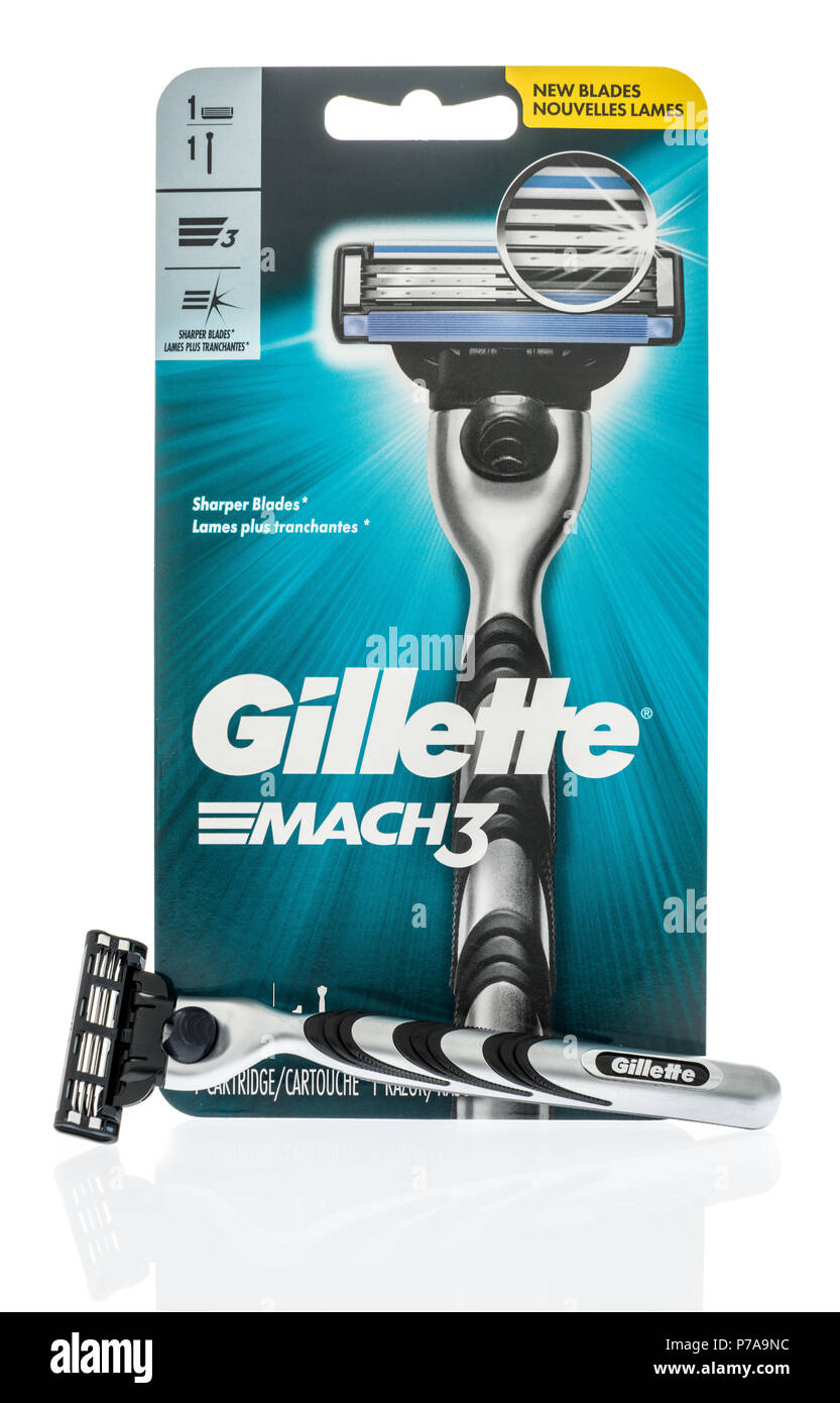 Winneconne, WI - 4 July 2018: A package of a Gillette Mach 3 shaving razor on an isolated background. Stock Photo